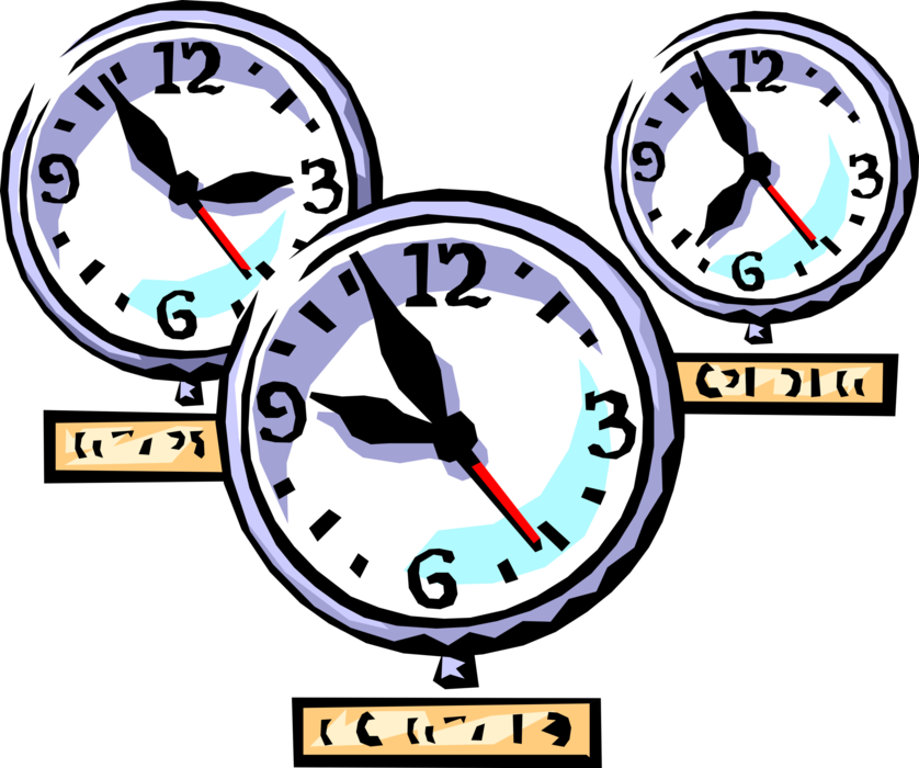 Vector Illustration of Clocks Indicate International Time Zones, Keeps and Co-ordinates Time