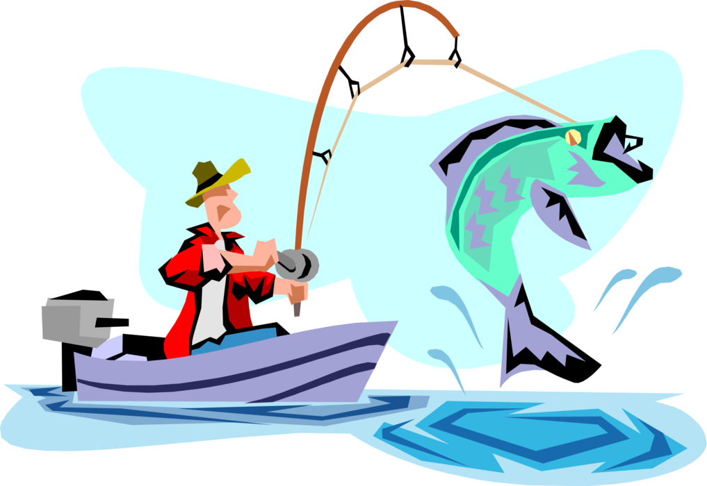 Vector Illustration of Sport Fisherman Angler in Motorboat Fishing Catches Fish