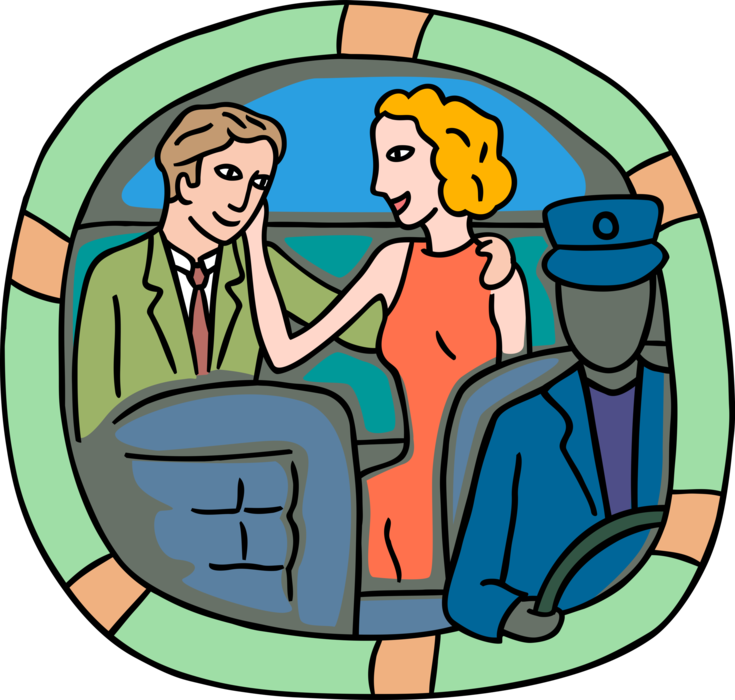 Vector Illustration of Romantic Couple Get Frisky in Backseat of Limo or Uber Taxi