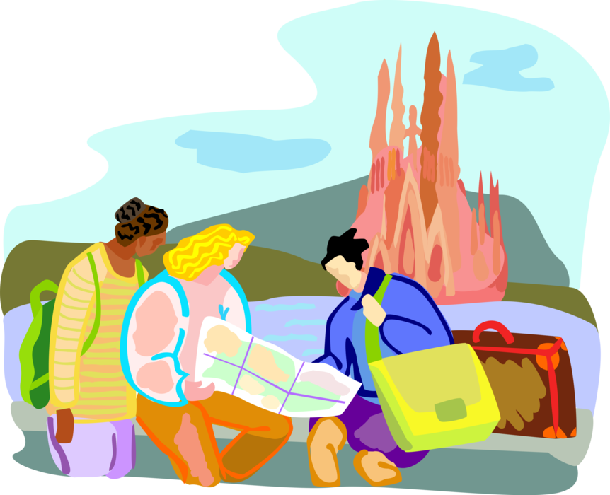 Vector Illustration of Tourists on Vacation Check Map in French Countryside with Gothic Cathedral Church