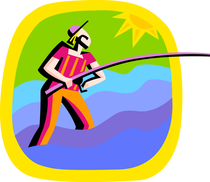 Vector Illustration of Sport Fisherman Angler with Fishing Rod at Beach