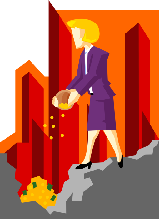Vector Illustration of Businesswoman Pouring Capital Cash into Money Pit