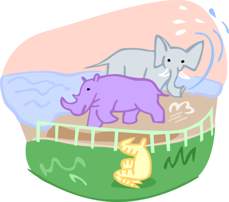 Vector Illustration of Day at the Zoo with Elephant and Rhinoceros