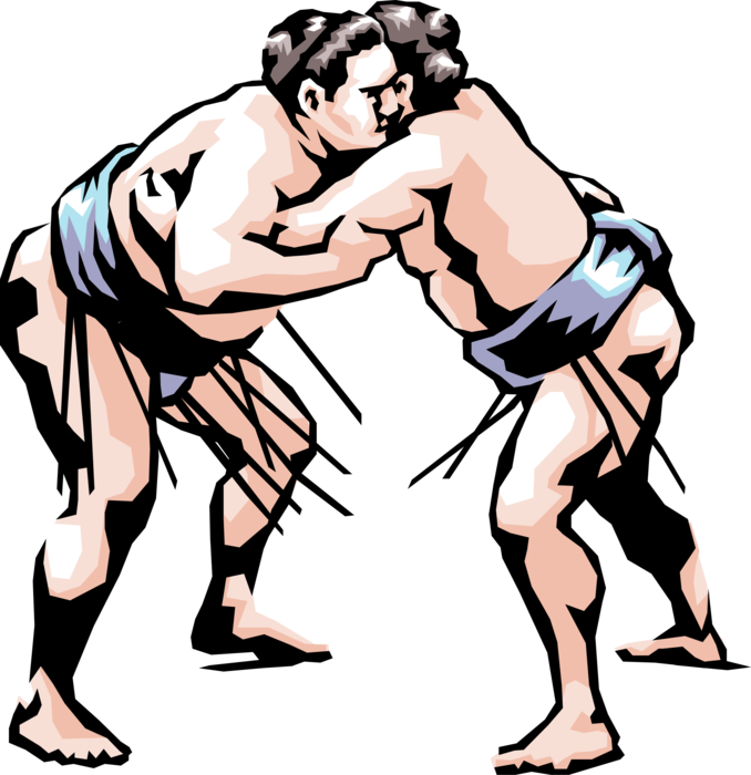 Vector Illustration of Japanese Sumo Wrestlers Get Close and Personal in Competition