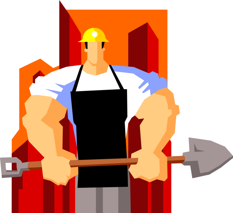 Vector Illustration of Powerful Construction Worker with Jacked Biceps and Forearms with Shovel on Building Site