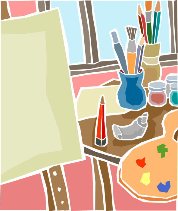 Vector Illustration of Visual Fine Arts Artist's Studio Easel with Canvas, Paintbrushes, Paint and Palette