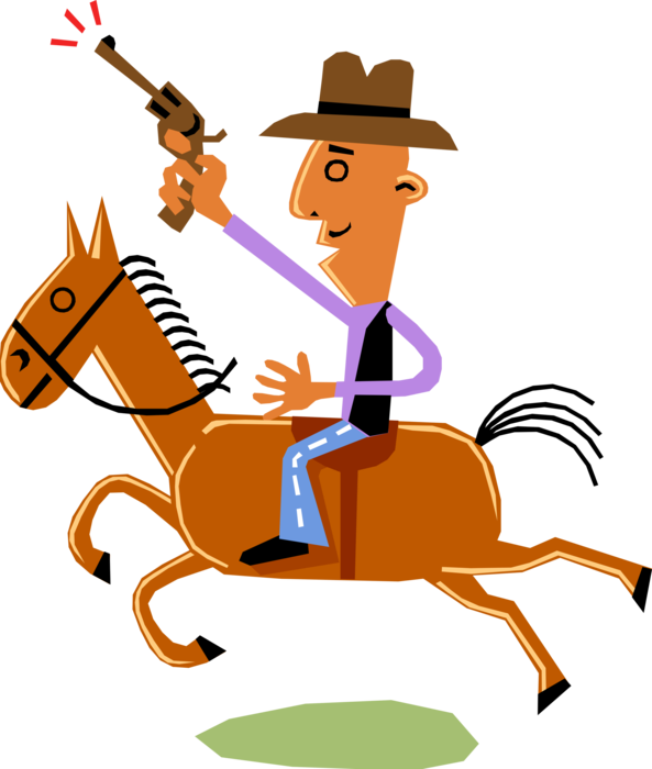 Vector Illustration of Man on Horseback Pretends He's Cowboy and Shoots His Gun