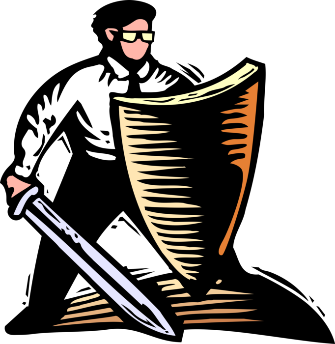 Vector Illustration of Businessman with Medieval Shield and Sword