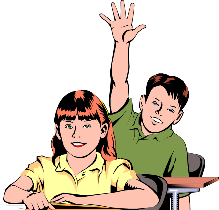 Vector Illustration of Student at Desk Raising Hand in School Classroom