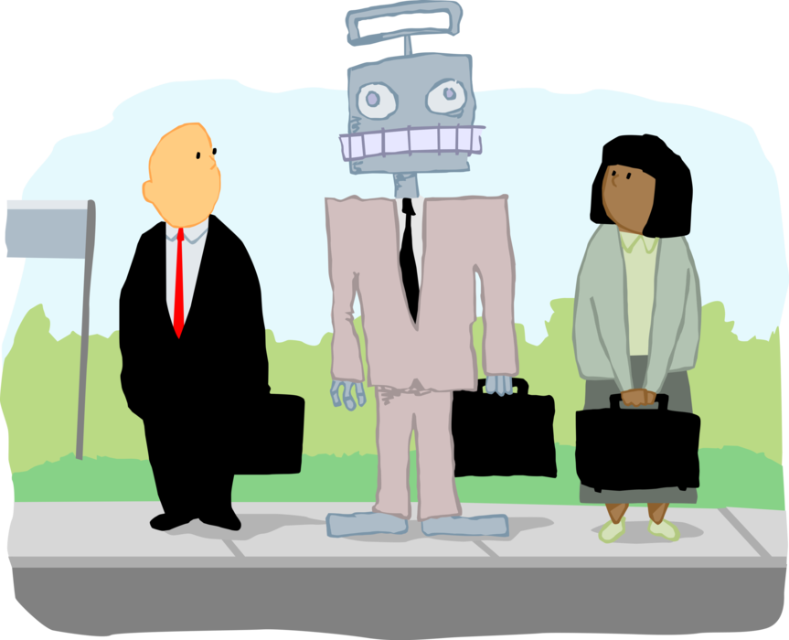 Vector Illustration of Business Commuters at Bus Stop with Robot