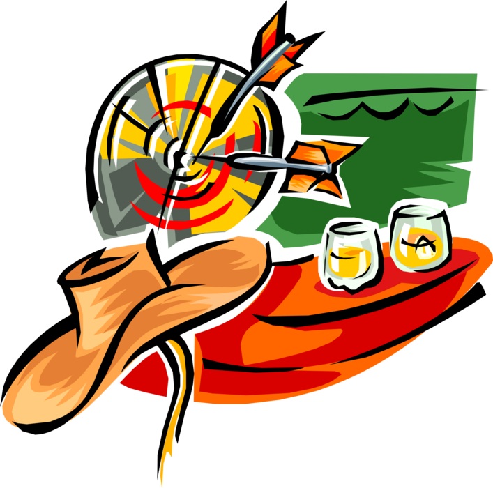 Vector Illustration of Bar Barroom with Dartboard Game Darts and Liquor Whiskey Shots