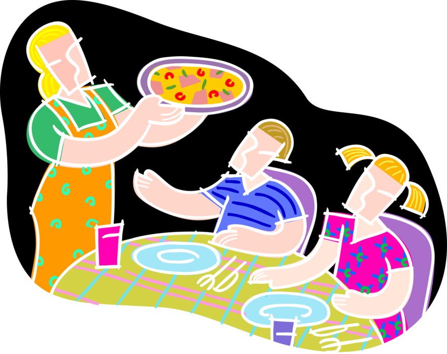 Vector Illustration of Mom Serves Pizza Dinner to Children at Kitchen Table