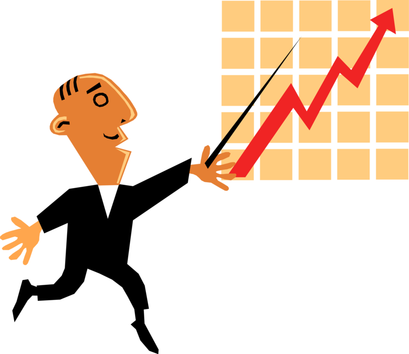 Vector Illustration of Businessman Presenter Points to Sales Chart Diagram or Graph