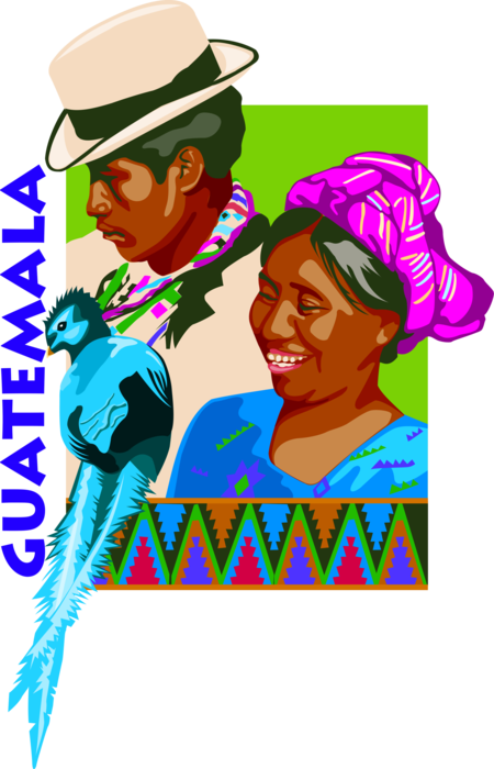 Vector Illustration of Guatemala Postcard Design with Indigenous People and Resplendent Quetzal Bird