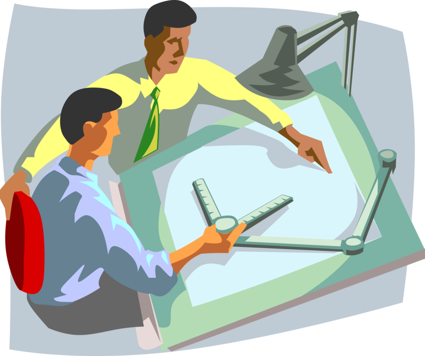 Vector Illustration of Business Associates Discussing Ideas at Drafting Table