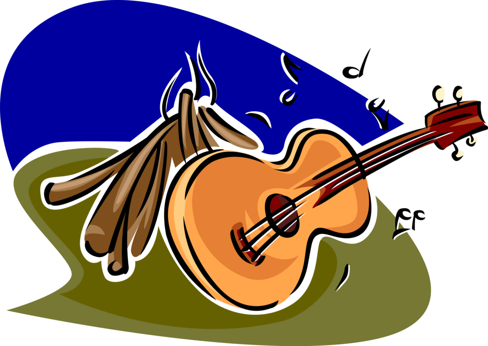 Vector Illustration of Outdoor Recreational Activity Campfire with Acoustic Guitar Stringed Musical Instrument