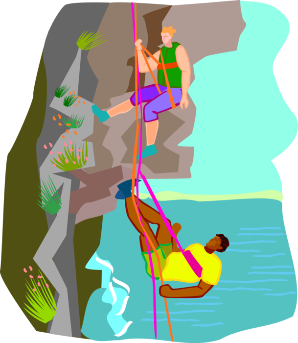 Vector Illustration of Rock Climbers Climbing Steep Rock Face Above Water with Ropes