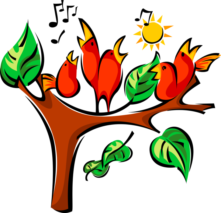 Vector Illustration of Singing Birds Sing in Tree Under Summer Sun
