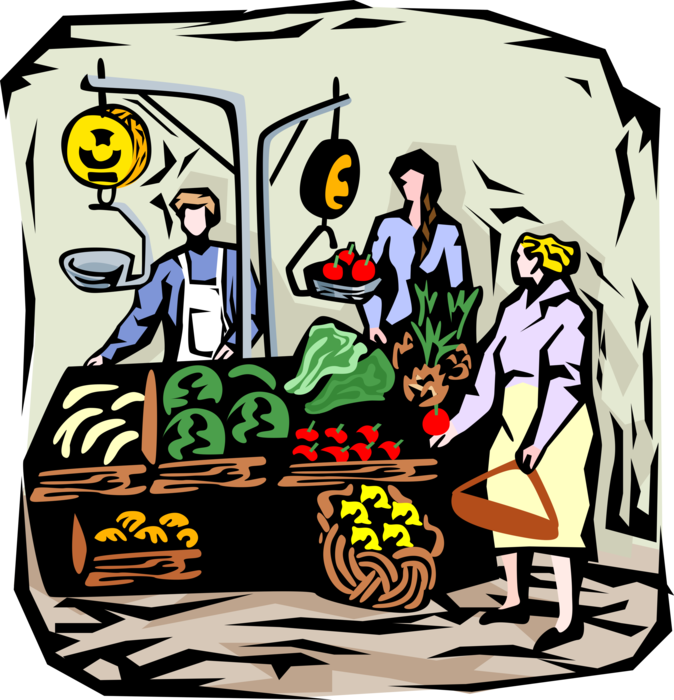 Vector Illustration of Outdoor Vegetable Stand with Merchant Vendor Stall and Customers