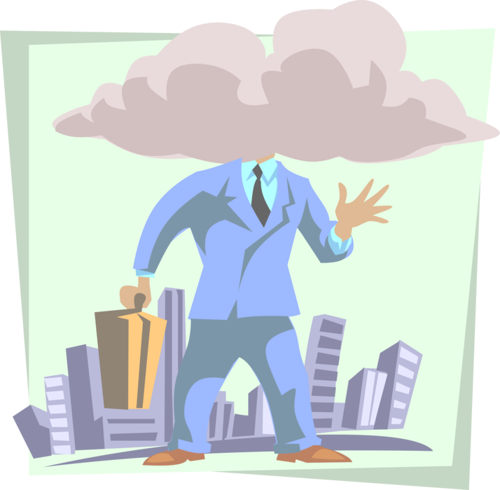 Vector Illustration of Businessman with Head in Clouds Pays Too Much Attention to Own Ideas Ignoring Input from Others