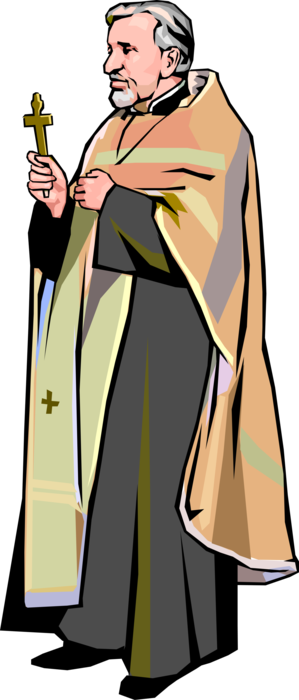 Vector Illustration of Catholic Priest Carries Christian Cross to Absolve Sins and Bless Parishioners