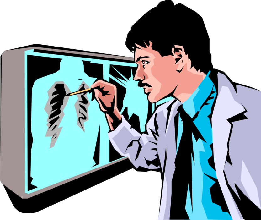 Vector Illustration of Health Care Professional Doctor Physician Reviews Patient X-Ray