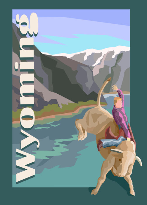 Vector Illustration of Wyoming Postcard Design with Bucking Bull Rodeo Rider