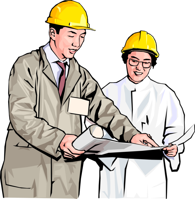 Vector Illustration of Plant Workers in Hard Hats Discussing Blueprint Plans