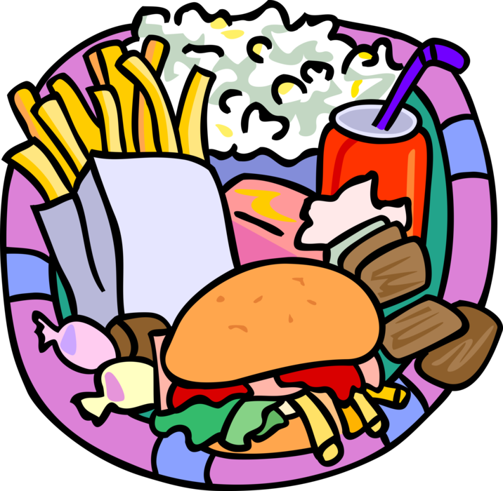 Vector Illustration of Celebrating Fast Foods with Hamburger, French Fries, Soda Soft Drink
