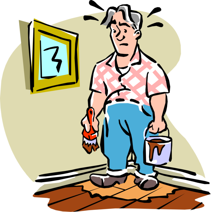 Vector Illustration of Do-It-Yourself Home Improvement Handyman Paints Himself Into Corner