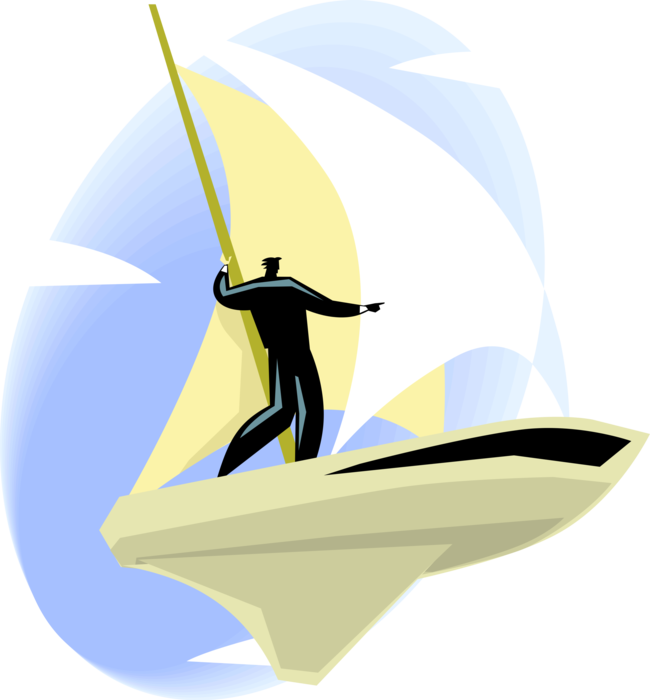 Vector Illustration of Businessman Sails Through Sky on Sailboat