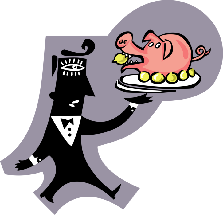 Vector Illustration of Restaurant Maître d'hôtel Waiter Presents Roast Pig on Serving Tray