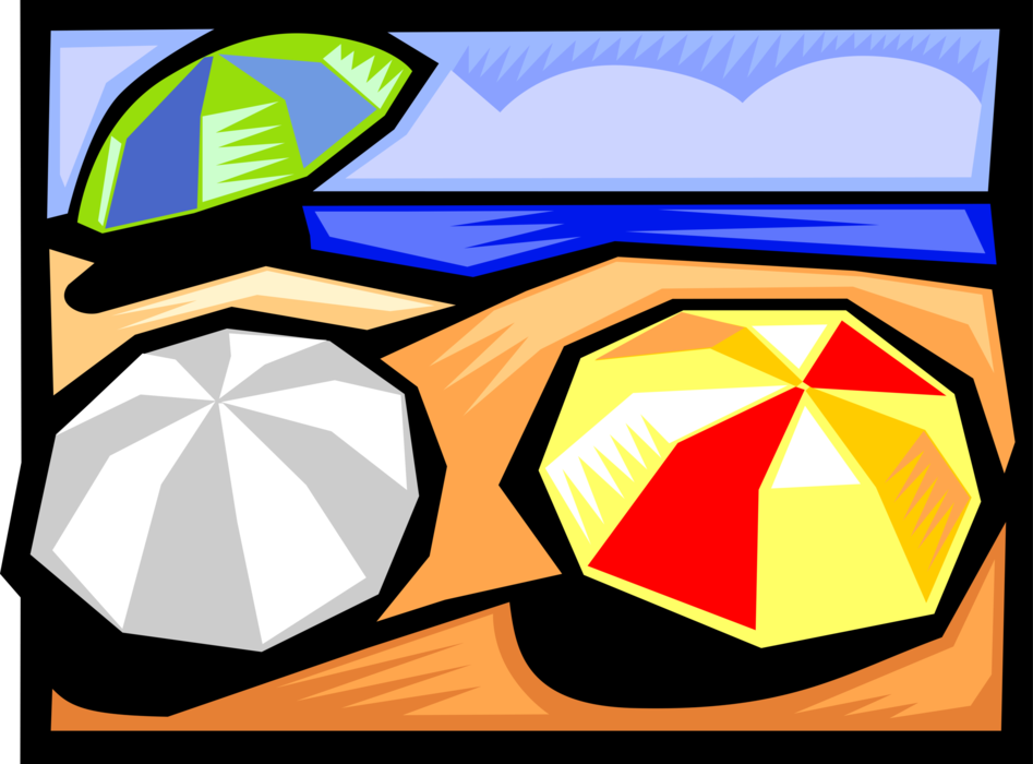 Vector Illustration of Beach Scene with Umbrellas at Seashore