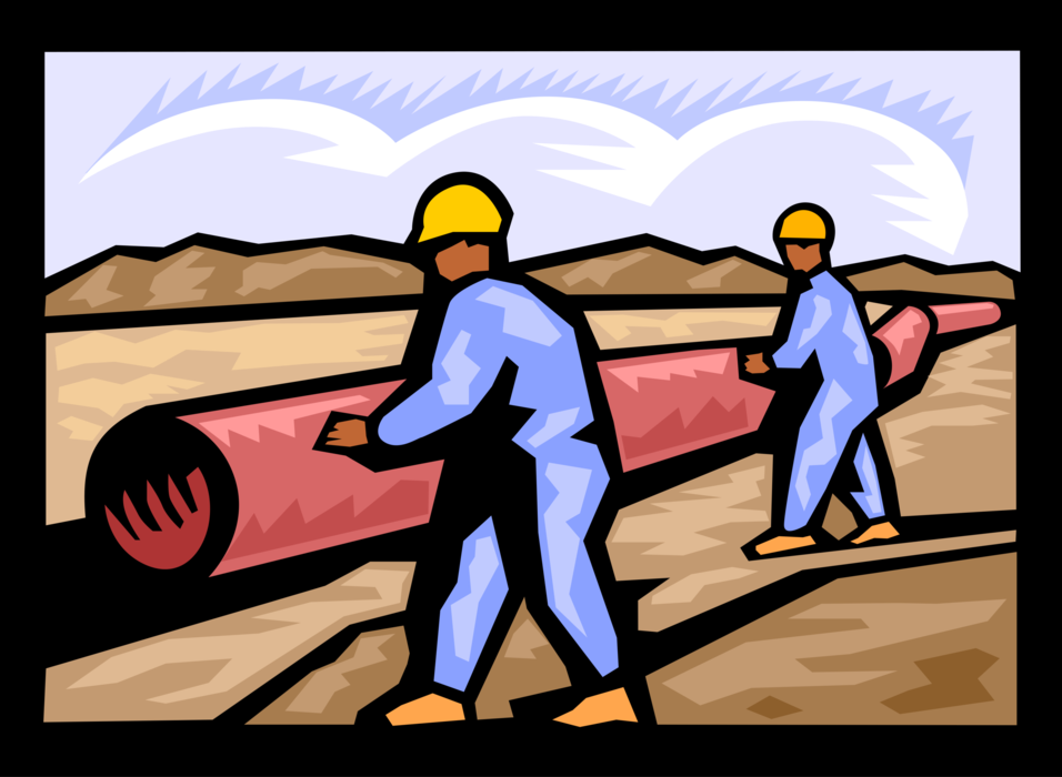 Vector Illustration of Energy Pipeline Construction Crew Laying Pipe