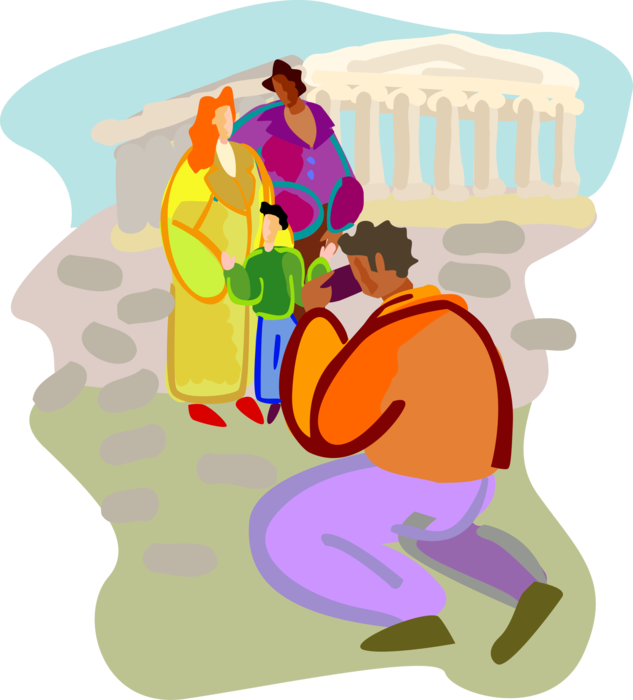 Vector Illustration of Tourists on Vacation Near Landmark Classical Greek Acropolis Parthenon, Athens, Greece