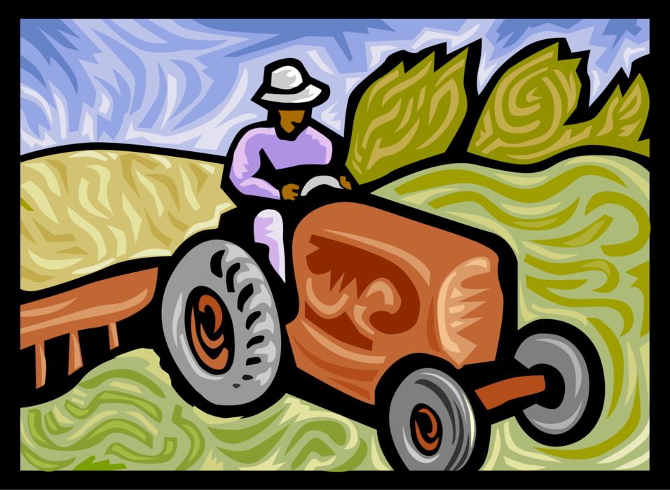 Vector Illustration of Farmer on Farm Equipment Tractor Tilling and Cultivating Field