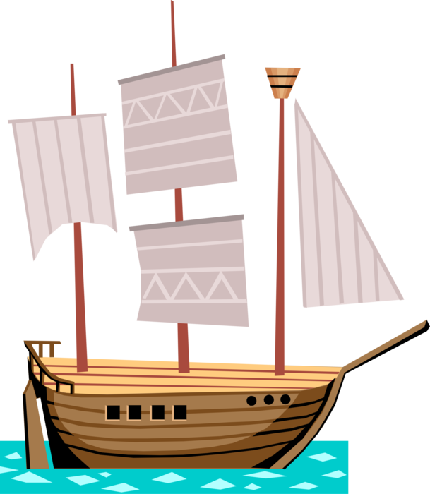 Vector Illustration of Buccaneer Pirate Ship Vessel Sailing on Water with Sails