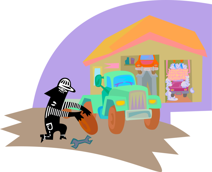 Vector Illustration of Auto Mechanic Replaces Truck Wheel at Service Garage