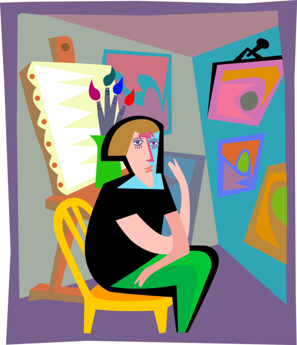 Vector Illustration of Visual Arts Fine Art Artist at Gallery Exhibition Showing with Artwork Paintings