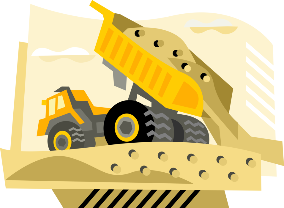 Vector Illustration of Construction Industry Heavy Equipment Dump Truck Dumps Load of Sand or Gravel