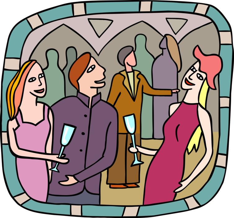Vector Illustration of Guests and Party Goers Enjoy Light Conversation with Wine