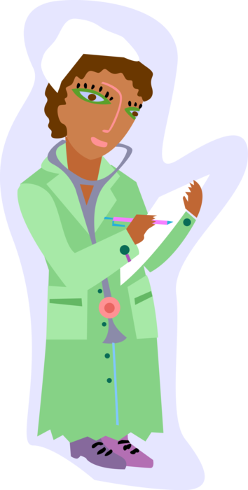 Vector Illustration of Health Care Nurse Makes Notes on Patient's Chart with Pen and Clipboard Portable Writing Surface