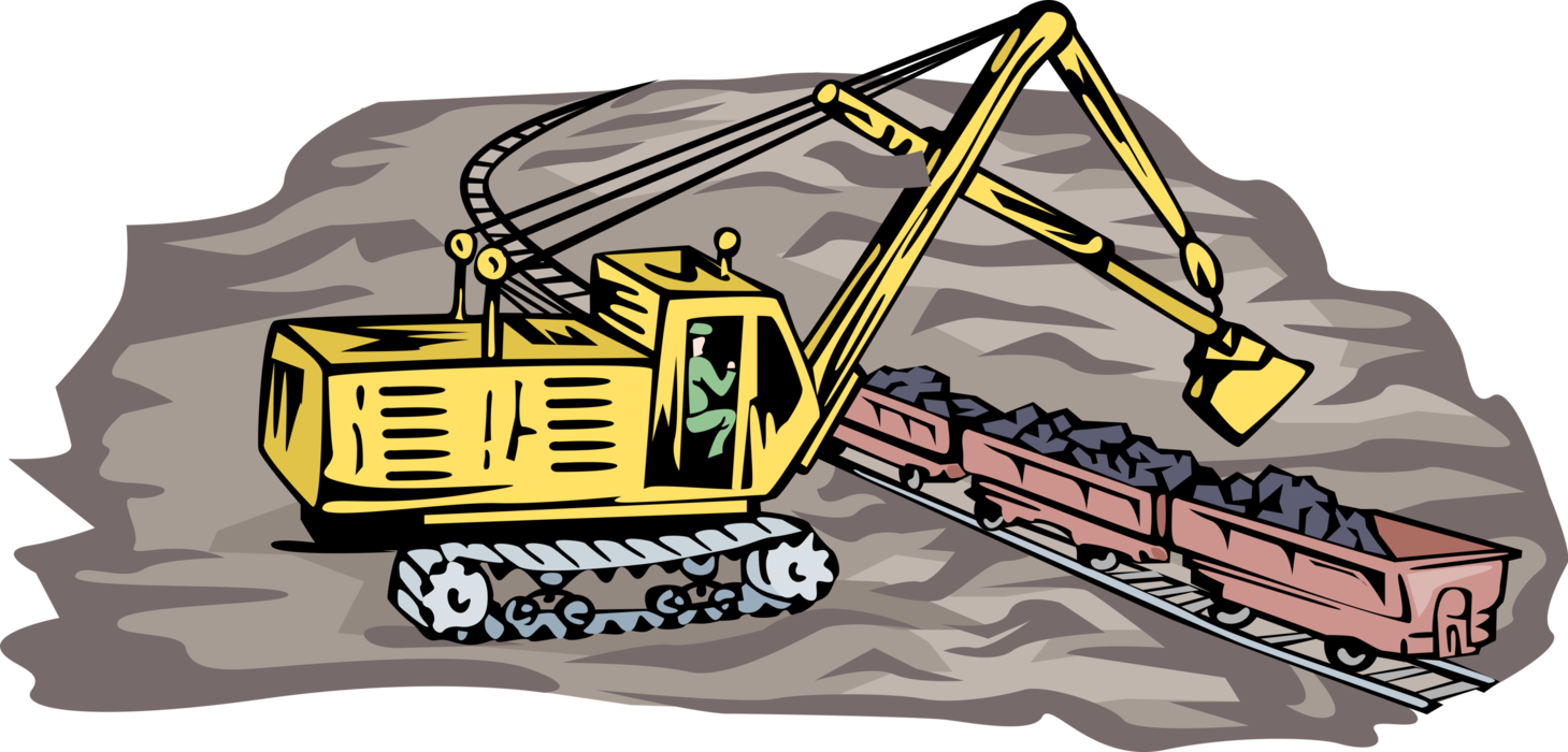 Vector Illustration of Steam Shovel Loading Rail Cars with Coal from Mining Operation for Shipping