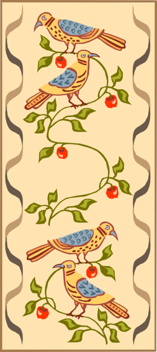 Vector Illustration of Banner Design with Feathered Birds and Red Fruit