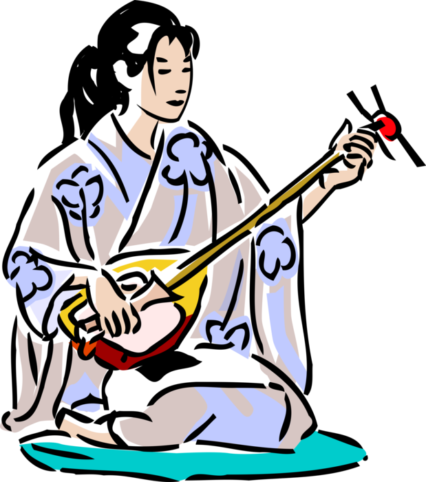Vector Illustration of Japanese Geisha in Kimono with Shamisen Lute Stringed Instrument