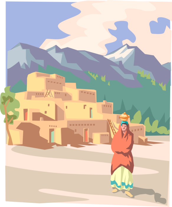 Vector Illustration of Native Americans in Southwestern United States Pueblo Village