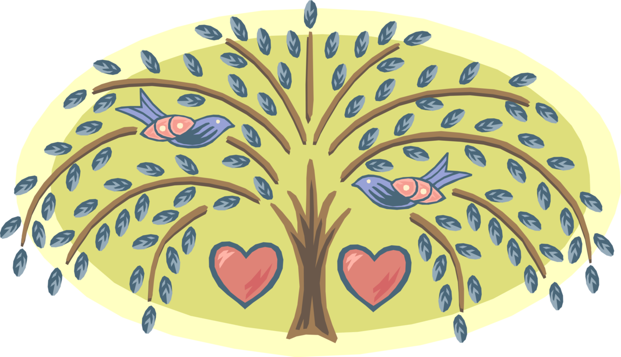 Vector Illustration of Love Bird Animals in Tree with Romantic Hearts