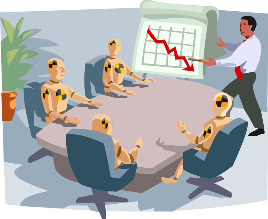 Vector Illustration of Falling Sales with Crash Test Dummies Sitting Around Boardroom Table