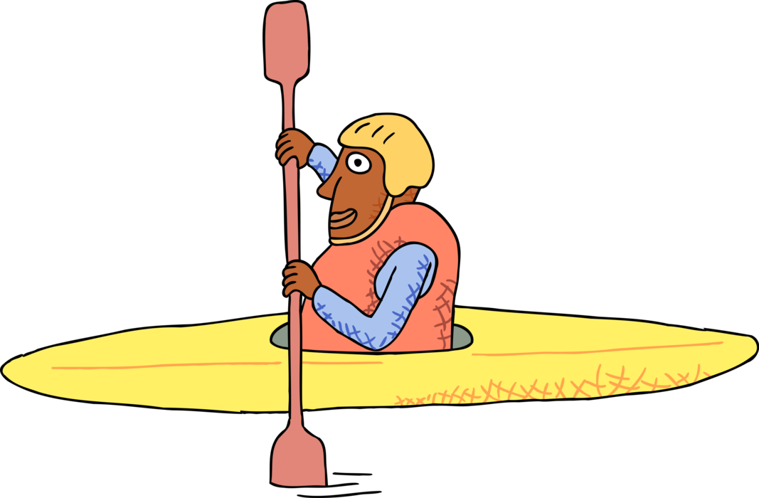 Vector Illustration of Kayaker Kayaking Rapids in Kayak Watercraft with Oar