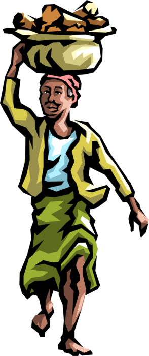 Vector Illustration of African Native Peasant Woman Carries Firewood for Cooking